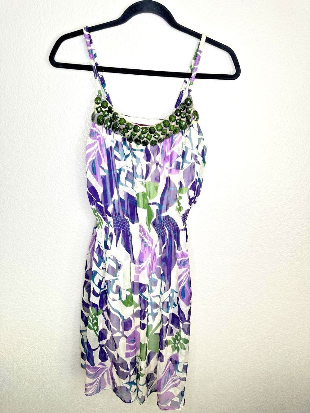 Bordeaux Dress Womens Medium Silk Beaded Spaghetti Strap Made USA Purple Green